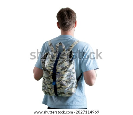 person with backpack hiking and climbing on the top of mointain, isolated white background