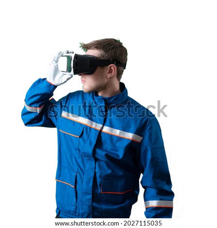 male worker in uniform using virtual reality glasses, new technology glasses, isolated white background
