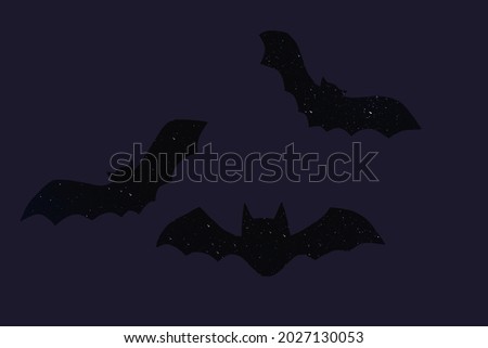 Halloween spooky symbol postcard of vampire bat silhouette with stars against purple background
