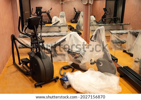 Exercise equipment in package. Exercise equipment in cellophane. Equipment for crossfit training. It is wrapped in film for safe transportation. Concept - preparation for opening of crossfit gym.