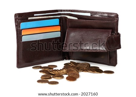 brown wallet with cards and coins isolated on white background