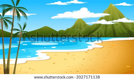 Beach at daytime landscape scene with mountain background illustration