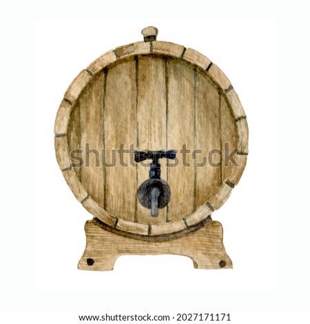 Watercolor illustration of wooden Beer Barrel for Octoberfest. Hand drawn sketch for October fest on white isolated background. Storage of ale or wine