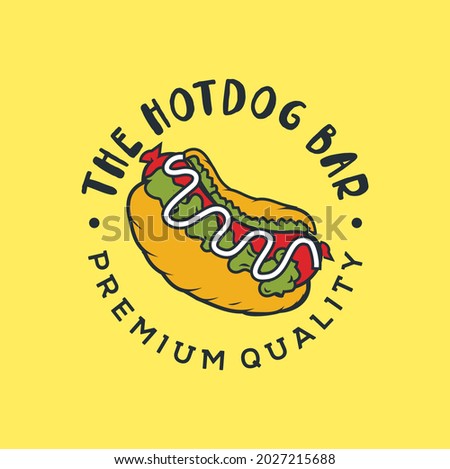 Fast food logo original design badge with hot dog Vector Design Illustration. Used for street restaurant, cafe, bar menu.