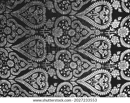 Distress grunge vector texture of fabric with floral ornament and lines. Black and white background. EPS 8 illustration