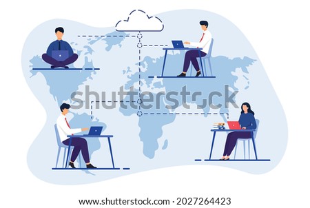 Business Outsourcing, People Using Cloud System in Distant Work and Data Storage. Business process outsourcing, outplacement, offshore software development, freelance job, and recruitment company. Royalty-Free Stock Photo #2027264423