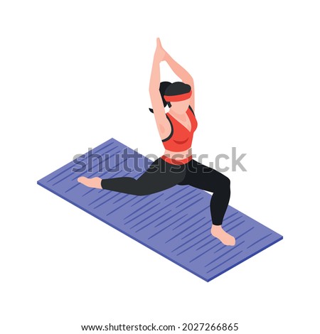 Isometric dietician nutritionist composition with female character doing stretching exercises vector illustration