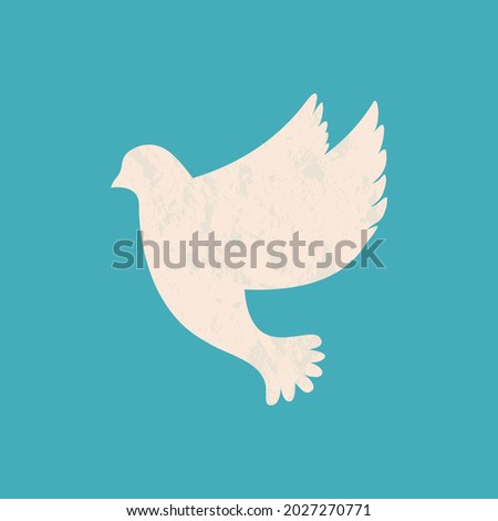 White dove bird flat vector illustration. Flying beautiful pigeon animal isolated on blue background. International peace day concept. World peace symbol metaphor. 21 september holiday sign.