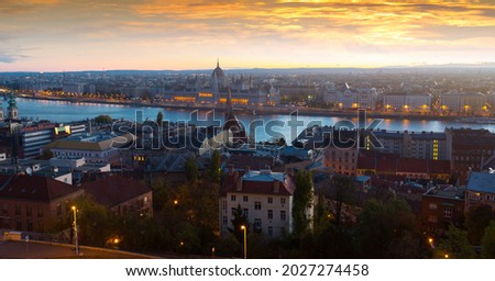 Night view of Budapest historical townscape with Danube river, Hungary..