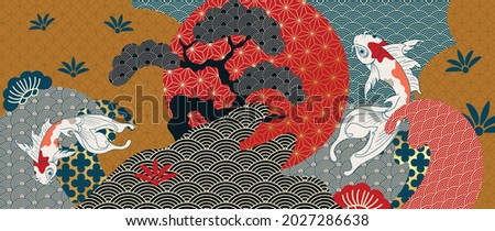 Luxury oriental style background vector. Japanese oriental line art with golden texture. Wallpaper design with Sakura flower, Ocean wave and koi carp fish. Vector illustration.