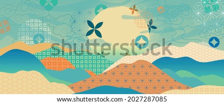 Modern luxury oriental style background vector. Mountain and sun 
landscape wallpaper. Japanese , Chinese oriental line art with golden texture. Natural Wall arts for print and home decor. Royalty-Free Stock Photo #2027287085