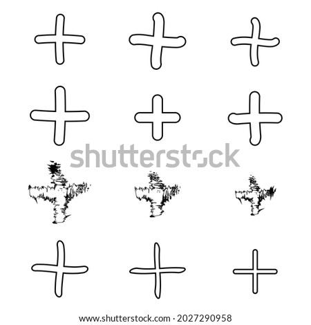 plus sign icon collection. 12 hand drawn add sign. mathematics symbols isolated on white background