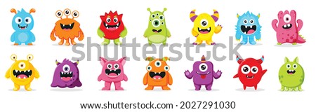 Cute  Monsters  Vector Set. Kids cartoon character design for poster, baby products logo and packaging design. Royalty-Free Stock Photo #2027291030