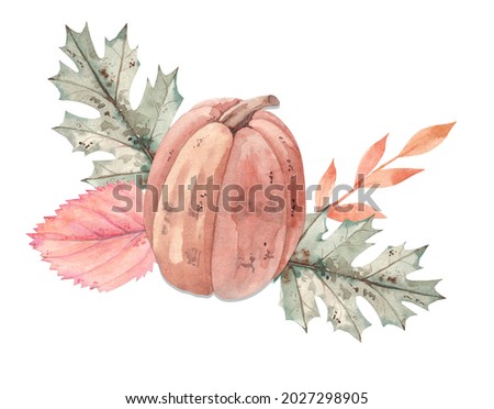 Autumn composition in watercolor with leaves and pumpkins 10