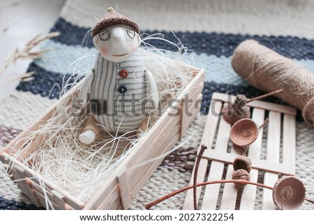 Handmade doll in the box. Gift wrap. Cute handmade presen. Funny leprechaun