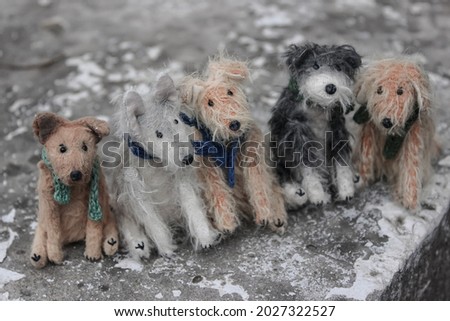 Five cutу handmade doges sit on the ground. Fluffy toy doges in the scaf