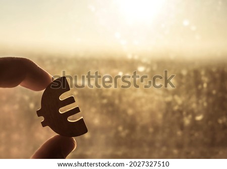 male hand hold the Euro sign, symbol. sunny yellow sky on background. sun rays. euro symbol of money.  idea of Euro Union