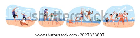 Set of happy people playing beach volleyball on sand in summer. Players in swimsuits throwing ball through net. Team sports game. Flat vector illustration of beachvolley isolated on white background