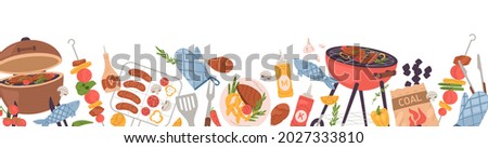 Border with BBQ party food. Long banner with barbecue grill, roasted meat, vegetables, sausages, braziers, tools on white background. Barbeque stuff and place for text. Flat vector illustration