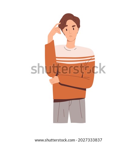 Puzzled pensive man thinking and scratching his head with finger, finding solutions. Thoughtful questioned worried person pondering and doubting. Flat vector illustration isolated on white background Royalty-Free Stock Photo #2027333837