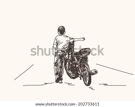 Boy walking with motorbike, Hand drawn illustration
