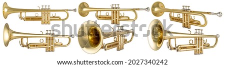 set collection of golden shiny metallic brass trumpet music instrument isolated on white background. musical ntertainment band concept. Royalty-Free Stock Photo #2027340242