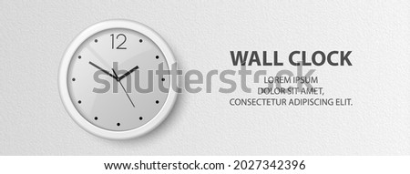 Vector 3d Realistic White Wall Office Clock on Textured White Wall Background. Design Template, Banner with Office Clock with White Dial in Interior. Mock-up for Branding