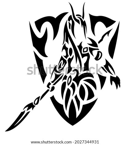 Beautiful tribal tattoo illustration with black female warrior with spear isolated on the white background