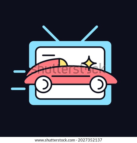 Car racing program RGB color icon for dark theme. Auto driving competition on television broadcast. Isolated vector illustration on night mode background. Simple filled line drawing on black