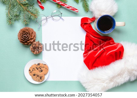 Blank paper for letter to Santa and Christmas decor on color background