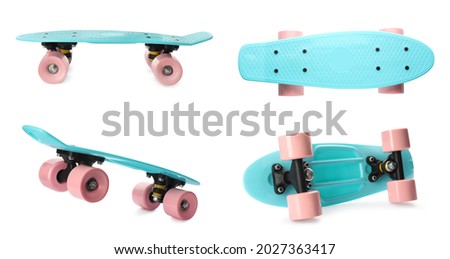 Turquoise skateboards with pink wheels on white background, collage. Sport equipment