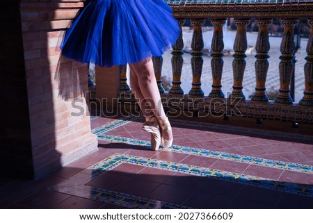 Detail of legs and feet of adult female classical ballet dancer in blue tutu doing figures on the terrace of a square next to a beautiful tiled balustrade.