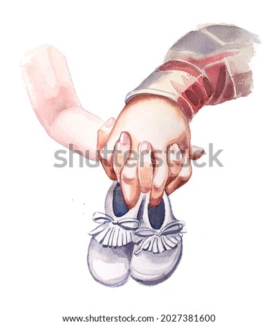 Beautiful watercolor hand painted scene of mom and dad to be holding baby's shoes  illustration isolated on white background. Parenting concept design. Newborn themed clipart. Pregnancy banner.