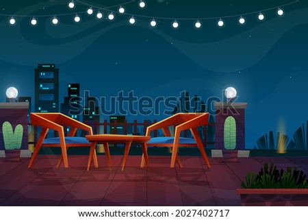 Night scene with wooden chair with coffee table and lamp with lighting in park cartoon cityscape vector illustration