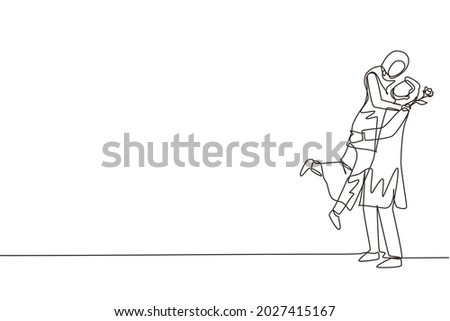 Single one line drawing Arab man making proposal marriage to woman with rose flower. Boy surprises his girl and giving flowers. Engagement and love relation. Continuous line draw design graphic vector