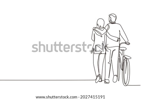 Single continuous line drawing back view of Arabian couple with bicycle walking in park on sunny autumn day. Man and woman in love. Happy romantic married couple. One line draw graphic design vector