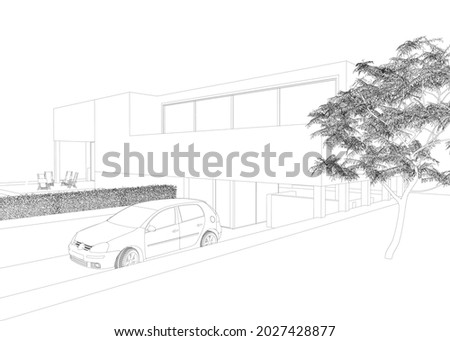 Exterior contour with car, tree, grass and summer chairs from black lines isolated on white background. Vector illustration