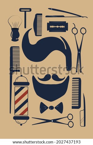 vector illustration set of items on the theme of barbershop. male silhouette with beard and mustache. razors, blades, shaving tools, barber pole. trend illustration in flat vintage style