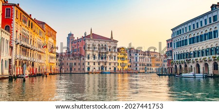 Panorama of Grand Canal in Venice at sunset, Italy travel photo