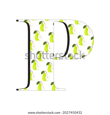 An illustration of the letter P with a fresh pear motif, perfect for children's books and magazines, suitable for children's toy designs as well as for other business purposes.