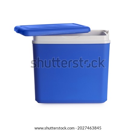 Open blue plastic cool box isolated on white