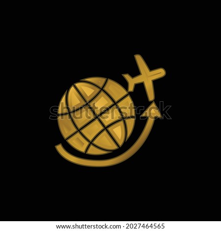Airplane Flying Around Earth Grid gold plated metalic icon or logo vector