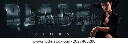 Beautiful girl and the inscription Black Friday. Sale flyer, discount banner, sales, discounts, price drop, poster, website header. Copy space