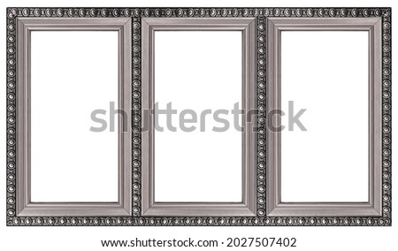 Triple silver frame (triptych) for paintings, mirrors or photos isolated on white background. Design element with clipping path
