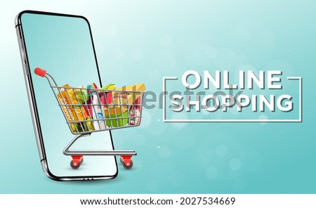 Online Shopping, cart with phone  Royalty-Free Stock Photo #2027534669