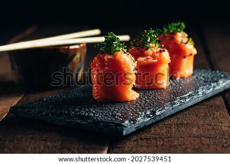 Delicious and juicy sushi, typical Japanese recipe
