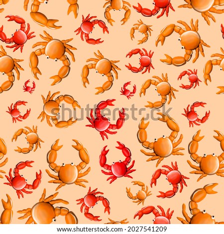 Plasticine modeling clay sea red crab under the beige background color, seamless pattern, realistic top view