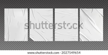 Realistic wet paper. Wrinkled posters mockup glued to wall. Urban folded billboard with crumpled effect. White blank pages templates. Creased empty sheets. Vector grunge texture set Royalty-Free Stock Photo #2027549654