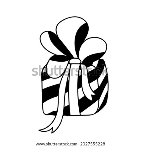 Gift box with bow and ribbon in doodle style. Holiday celebration concept. Hand drawn vector illustration