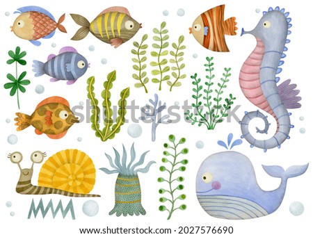 Cute watercolor set of cartoon underwater ocean sea animals.